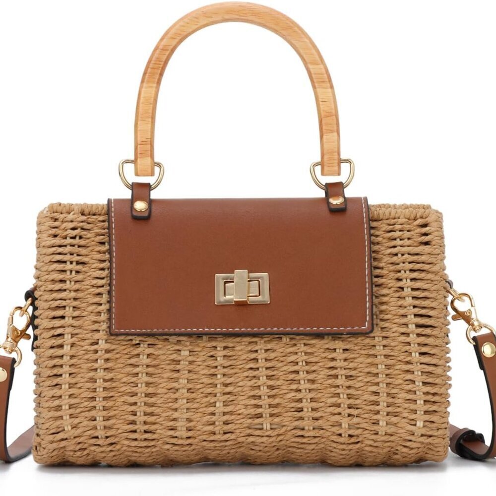 Women's Rattan Straw Crossbody Bag with Wood Handle Beach Purse Travel